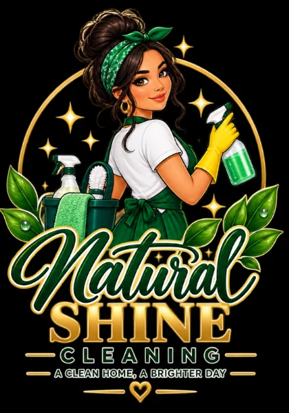 Natural Shine Cleaning illustrated cleaner with spray bottle and supplies